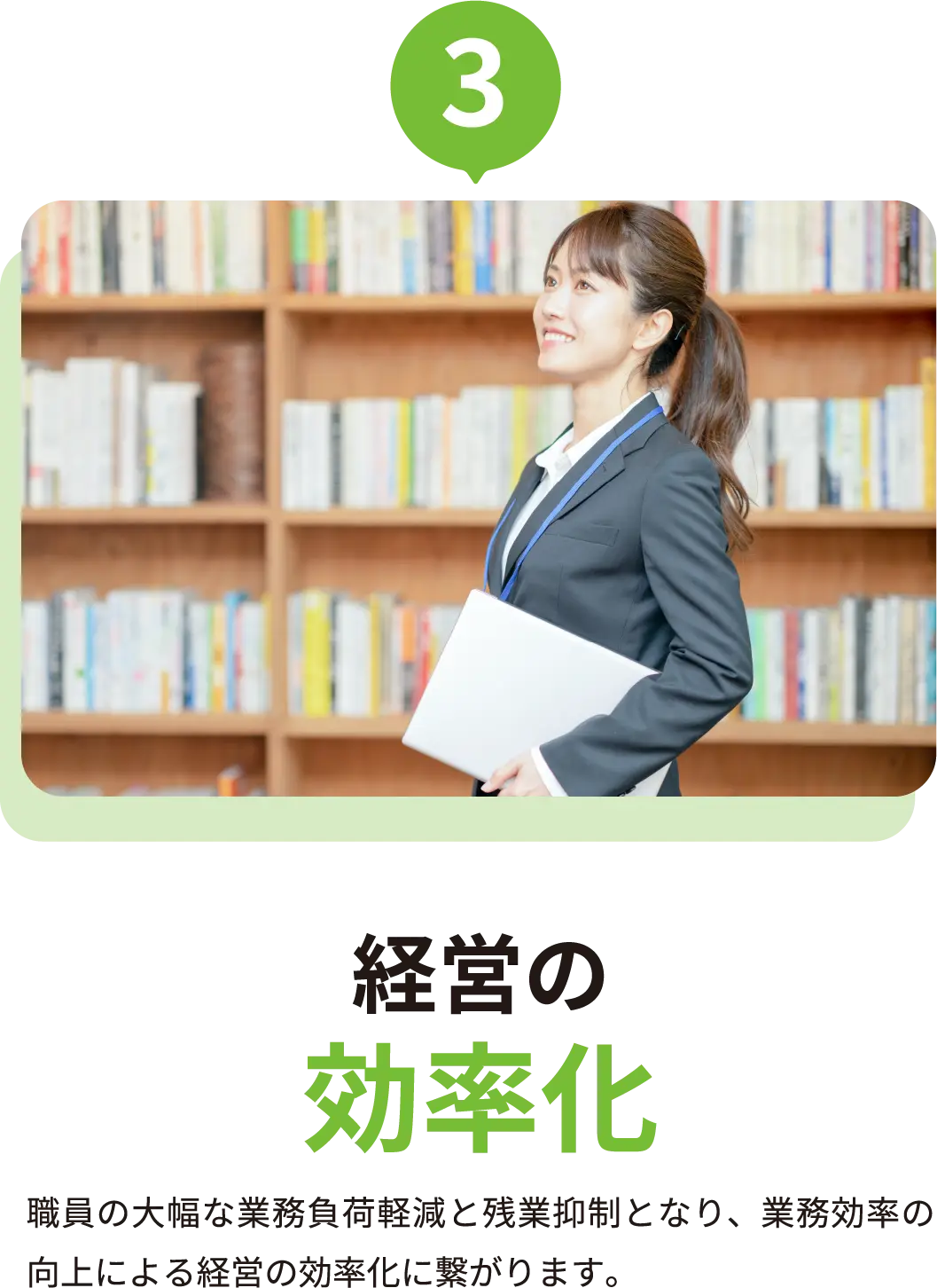経営の効率化 職員の大幅な業務負荷軽減と残業抑制となり、業務効率の向上による経営の効率化に繋がります。
